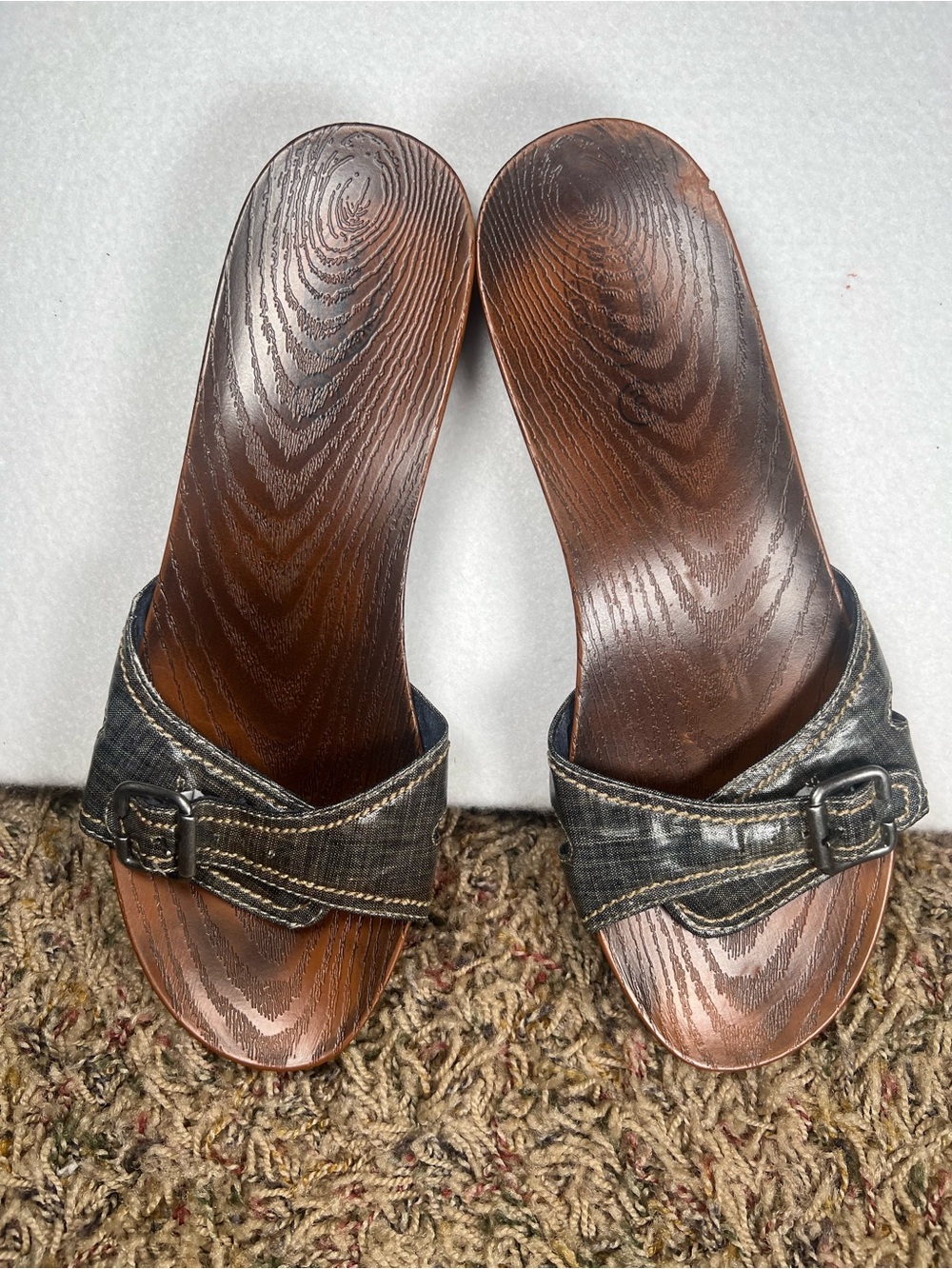 Dr Scholl’s Metallic Denim Slide Sandals Women 9 Y2K Boho Comfort